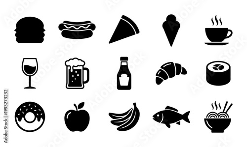 Minimalist food and drink icons set, 15 black solid vector silhouettes of fast food and healthy snacks, restaurant menu symbols on white background