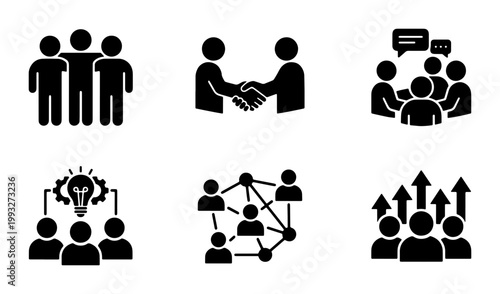 Business teamwork icons set, professional collaboration and partnership symbols, corporate leadership and networking vector elements for management