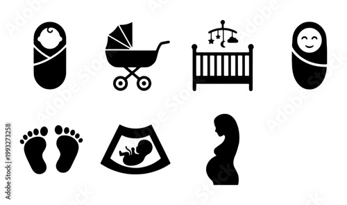 Minimalist baby and pregnancy icon set, black silhouette newborn symbols, collection of 7 maternity and infant vector elements for nursery design
