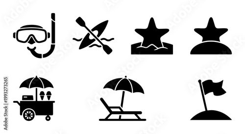 Summer beach vacation icons set, black solid vector symbols for travel and tourism, 7 minimalist seaside holiday elements for web and print design
