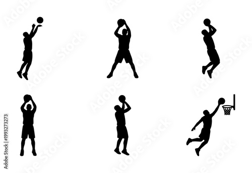 Basketball player silhouettes set, collection of 6 male athlete vector icons, basketball action poses including dunking and shooting, black sport figures