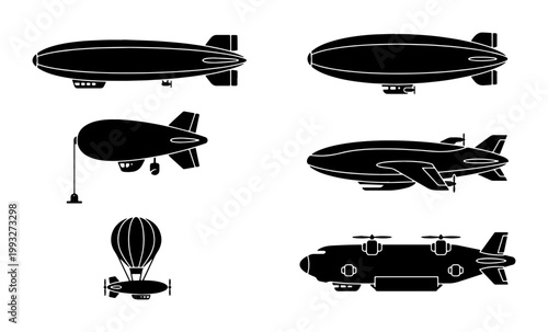 Vintage airship silhouette collection, 6 black dirigible and zeppelin vector icons, retro steampunk flying machines and blimp transport set