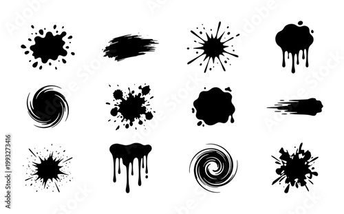Grunge black ink splatters and paint drips set, 12 vector liquid splash elements, abstract brush strokes and swirl shapes for graphic design