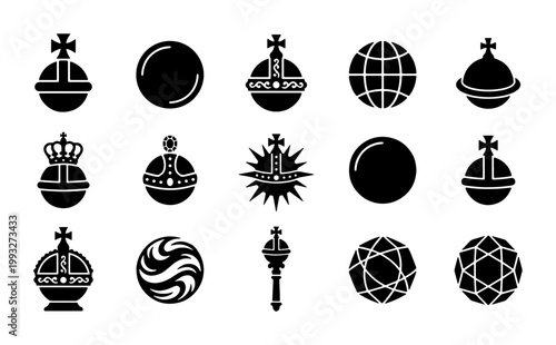 Royal globus cruciger and sovereign orb icons, set of 15 black vector crown jewels and regalia, monarch power symbols for heraldry and history