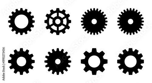 Industrial gear icons set, black mechanical cogwheel silhouettes, 8 vector engine parts for machinery and engineering design, technical cog symbols