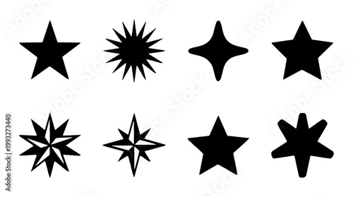 Minimalist black star icons set, collection of 8 geometric celestial shapes, flat vector starburst and sparkle symbols for graphic design