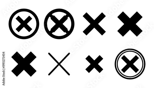 Minimalist black cross icon set, 8 vector delete and cancel symbols, simple close button marks for web interface and mobile app navigation