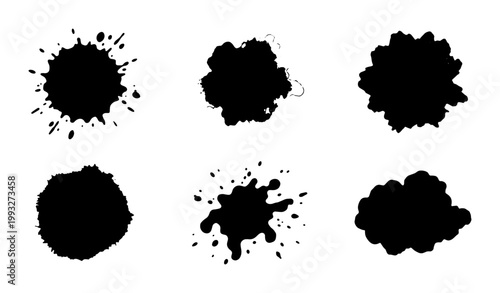 Grunge black ink splatters and paint drips, set of 6 abstract liquid blot elements, messy hand drawn brush strokes for artistic design