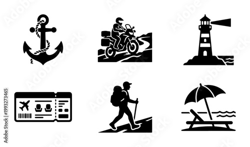 Adventure travel icons set, black silhouette vacation symbols, 6 vector elements for tourism and outdoor recreation, nautical and hiking graphics