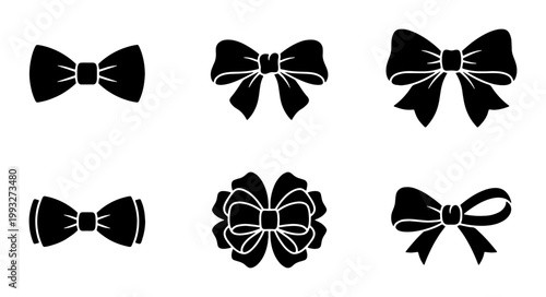 Black ribbon bow silhouettes set, 6 decorative gift bow vector icons, elegant bow tie and knot illustrations for wedding invitations and holiday packaging