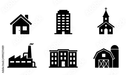 Minimalist building icons set, black silhouette architecture symbols including house and office, collection of 6 vector building shapes for maps