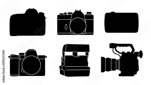 Camera silhouette collection with 6 vector icons, professional photography equipment set, vintage film and modern digital dslr camera shapes
