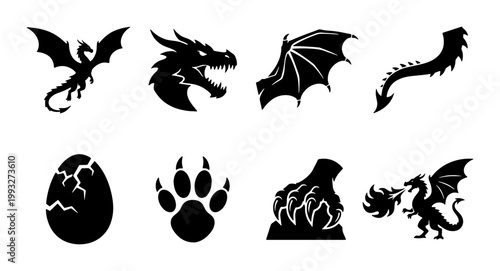 Dragon silhouette icon set with 8 fantasy elements, mythical creature head and wings vector, fire breathing dragon and cracked egg symbols