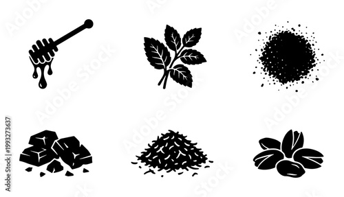 Black silhouette food ingredients icons set, organic culinary flavor elements vector, honey dipper mint leaves chocolate and coffee beans illustrations