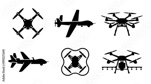 Unmanned aerial vehicle drone silhouettes, set of 6 military and civilian UAV icons, black quadcopter and fixed-wing aircraft vector illustrations