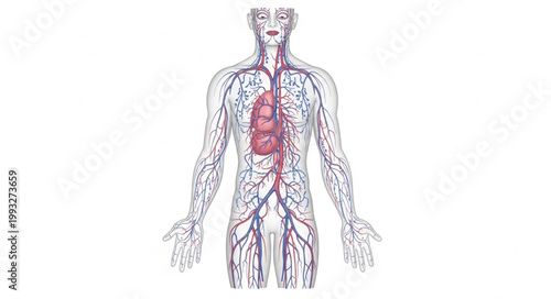 Human circulatory system and heart anatomy illustration.