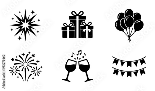 Celebration party icon set with 6 black vector elements, holiday event symbols including fireworks and gifts, festive birthday and anniversary graphics
