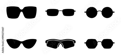 Sunglasses silhouette set with 6 vector icons, black eyewear frames collection, stylish sun glasses shapes for summer fashion and optical retail design