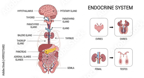 Human Endocrine System Diagram with Glands and Hormones.