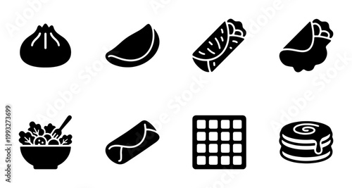 Minimalist street food icon set, black solid vector symbols of global snacks and meals, collection of 8 food icons for restaurant menus and delivery apps