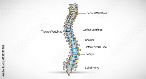 Human spine anatomy medical illustration with labels.