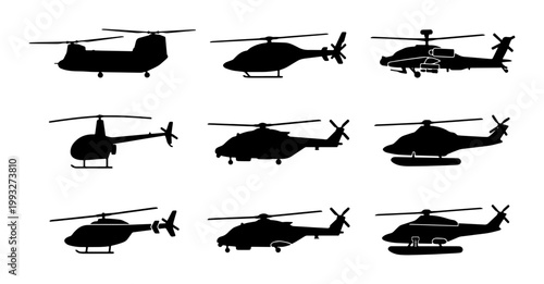 Military and civilian helicopter silhouettes, set of 9 aircraft vector icons, black chopper profiles for aviation and defense infographics