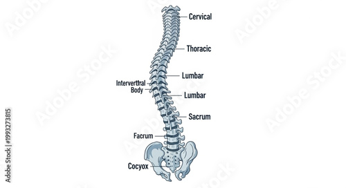 Human spine anatomy illustration with labels showing vertebrae sections.