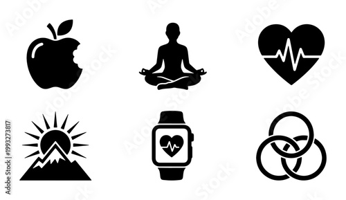 Minimalist health and wellness icon set, black silhouette fitness symbols, 6 vector elements for lifestyle tracking and yoga apps