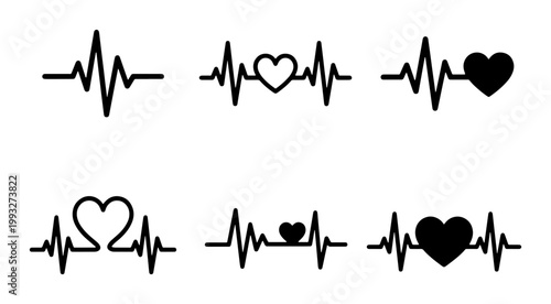 Heartbeat line icons with heart shapes, medical EKG pulse wave vector set, black electrocardiogram rhythm symbols for healthcare and cardiology