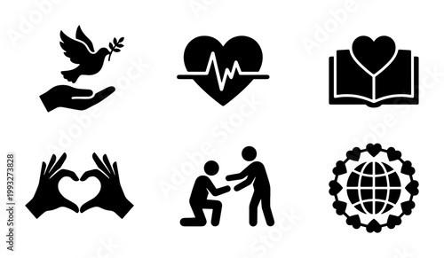Charity and kindness icon set, 6 black solid vector symbols for non-profit organizations, humanitarian aid and global peace concepts
