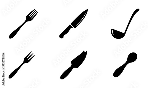 Minimalist kitchen cutlery icons, black silhouette silverware set of 6 vector elements, flat restaurant utensil symbols for menu design