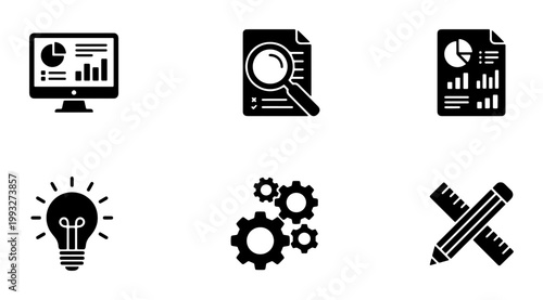 Business analytics icon set, data analysis and financial report symbols, 6 black solid vector icons for corporate management and strategy