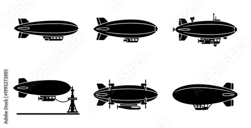 Vintage blimp silhouette collection, set of 6 airship vector icons, retro dirigible and zeppelin transport symbols, black aviation aircraft graphics