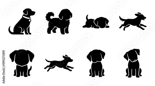 Black dog silhouette collection, set of 8 puppy icons in various poses, minimalist canine vector illustrations for pet shop branding and logos