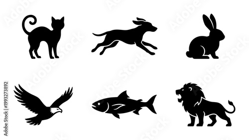 Minimalist animal silhouette icons, set of 6 black vector graphics, flat pet and wildlife symbols including cat dog rabbit eagle fish and lion