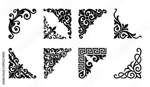 Vintage ornamental corner borders set, 8 decorative filigree frame elements, black floral scroll flourishes, classic victorian baroque design vectors