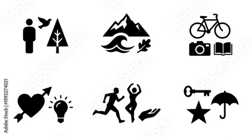 Minimalist black lifestyle icons set, outdoor adventure and nature symbols vector, hobby and leisure activity pictograms for web design