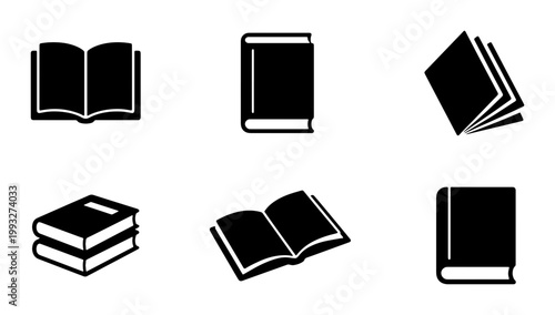 Minimalist book icon set, black solid vector silhouettes of open and closed books, library and education symbols for web design and publishing