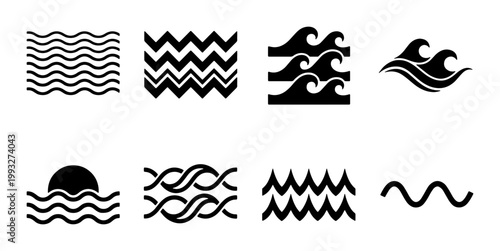 Minimalist ocean wave icons set, black sea water ripple symbols, 8 geometric aquatic vector elements for logo design and web interface