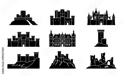 Medieval castle silhouettes set, 9 black fortress icons and royal palace vectors, ancient stone citadel and tower ruins for historical design