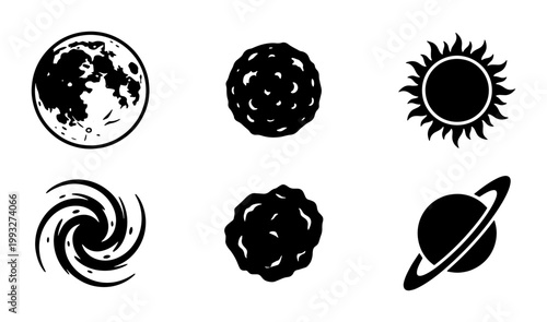 Minimalist space icons set, black celestial bodies vector collection, 6 astronomy symbols including moon sun saturn and galaxy for science education