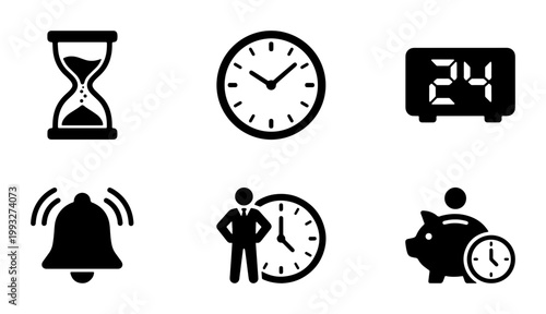 Minimalist time management icon set, black vector clock and hourglass symbols, 6 business productivity elements for scheduling and deadlines