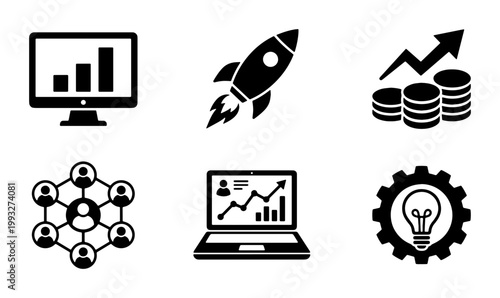 Business startup icon set, black flat vector icons for financial growth and marketing, 6 professional symbols for corporate strategy and data analysis