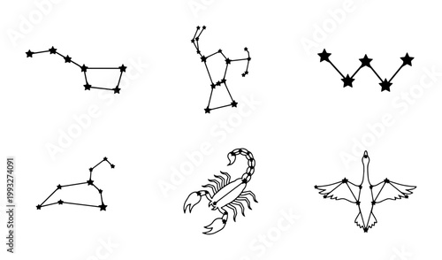 Minimalist constellation vector set, black star map icons on white background, celestial zodiac and astronomy line art collection for graphic design