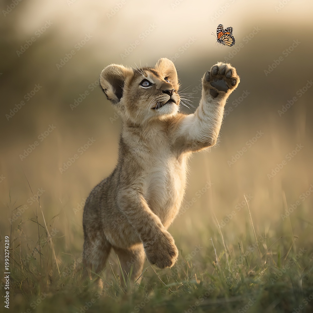 Obraz premium Lion Cub Pawing at a Butterfly in Soft Sunlight playing