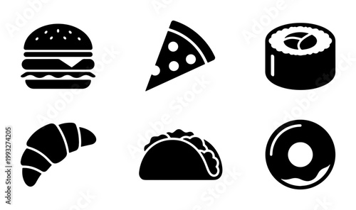 Minimalist food icon set with 6 black silhouettes, fast food and snack vector elements, restaurant menu symbols for burger pizza and sushi