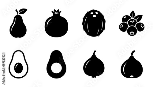 Minimalist fruit icon set, black silhouette fruit vector collection, 8 organic food symbols including pear pomegranate coconut blueberry avocado and fig