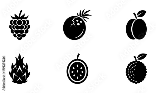 Minimalist tropical fruit icon set, black solid vector fruit illustrations, collection of 6 exotic fruit symbols for menu and packaging design