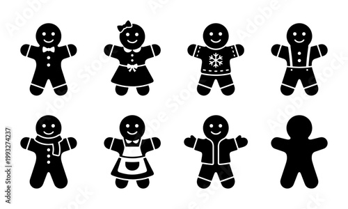 Christmas gingerbread man icon set, black silhouette winter cookie collection, 8 holiday biscuit vector elements for festive design