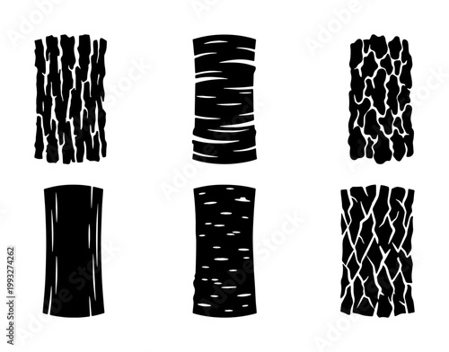 Natural tree bark texture set, black and white wood surface patterns, 6 organic timber skin vector icons for forestry and woodworking design